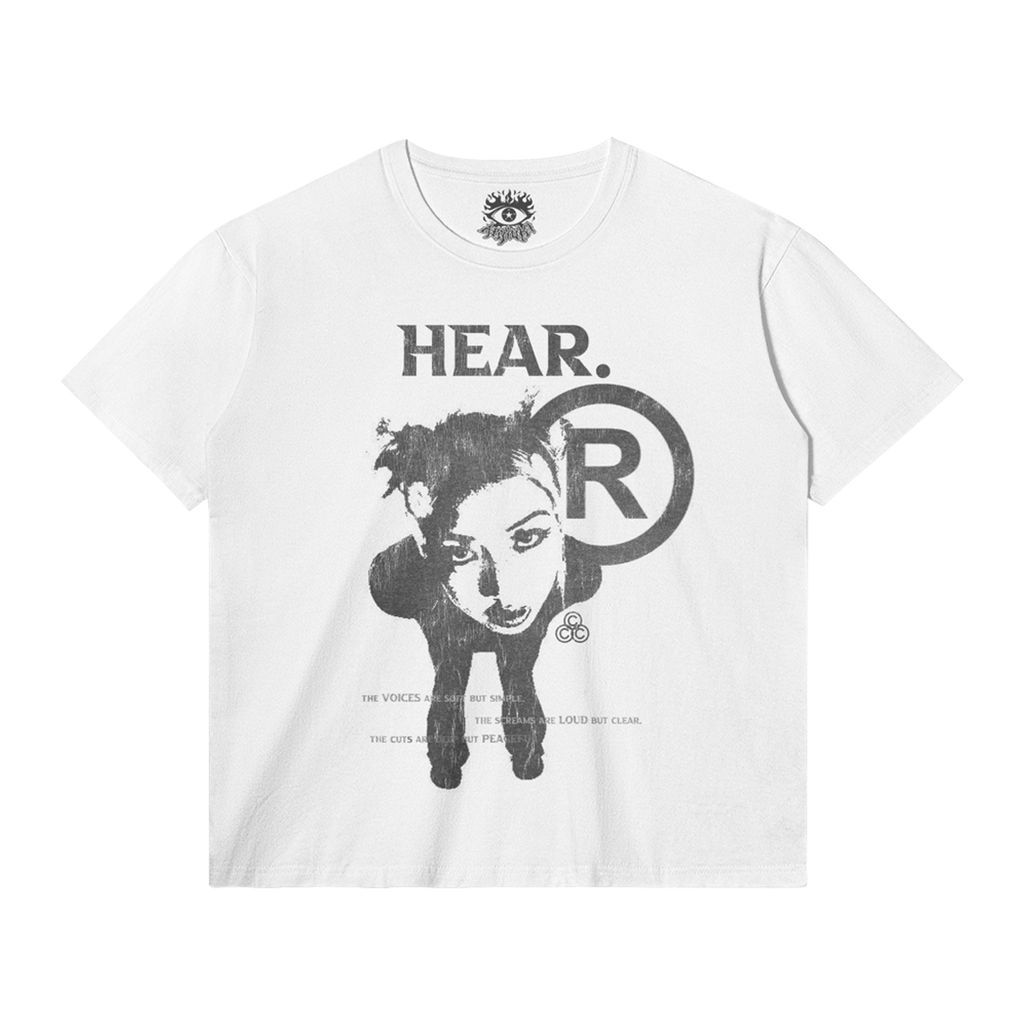 HEAR Streetwear Tee White Cotton T Shirt Classic Fit 180 GSM DTG Print